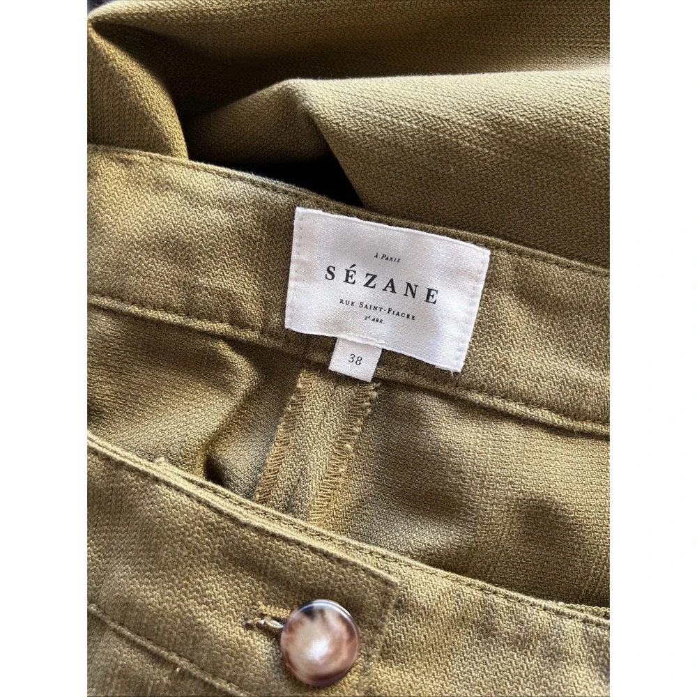 Sezane Button Front Chuck Trouser Pants Size 38 Cotton Linen Olive Green